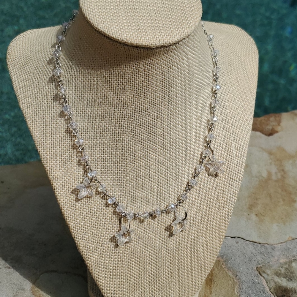 Silver plated clear beaded necklace w Star charms